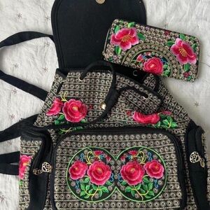 Floral Embroidered Backpack and Wallet Set